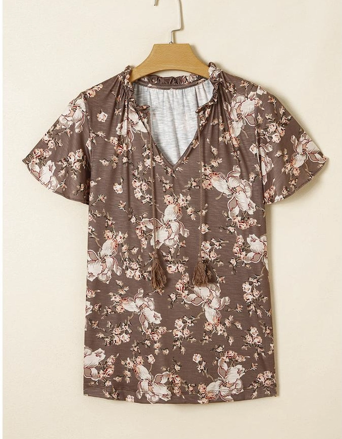 Khaki Retro Floral Print Tassel Tie Split Neck Short Sleeve Blouse