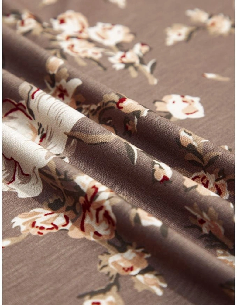 Khaki Retro Floral Print Tassel Tie Split Neck Short Sleeve Blouse