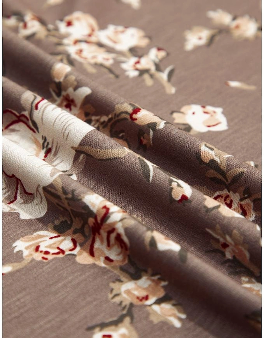 Khaki Retro Floral Print Tassel Tie Split Neck Short Sleeve Blouse