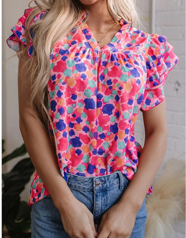 Rose Red Abstract Print Ruffled Sleeve V Neck Blouse