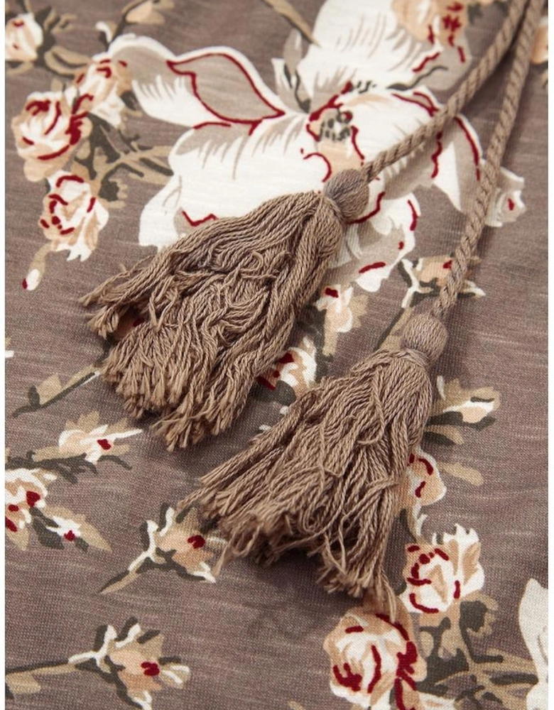 Khaki Retro Floral Print Tassel Tie Split Neck Short Sleeve Blouse