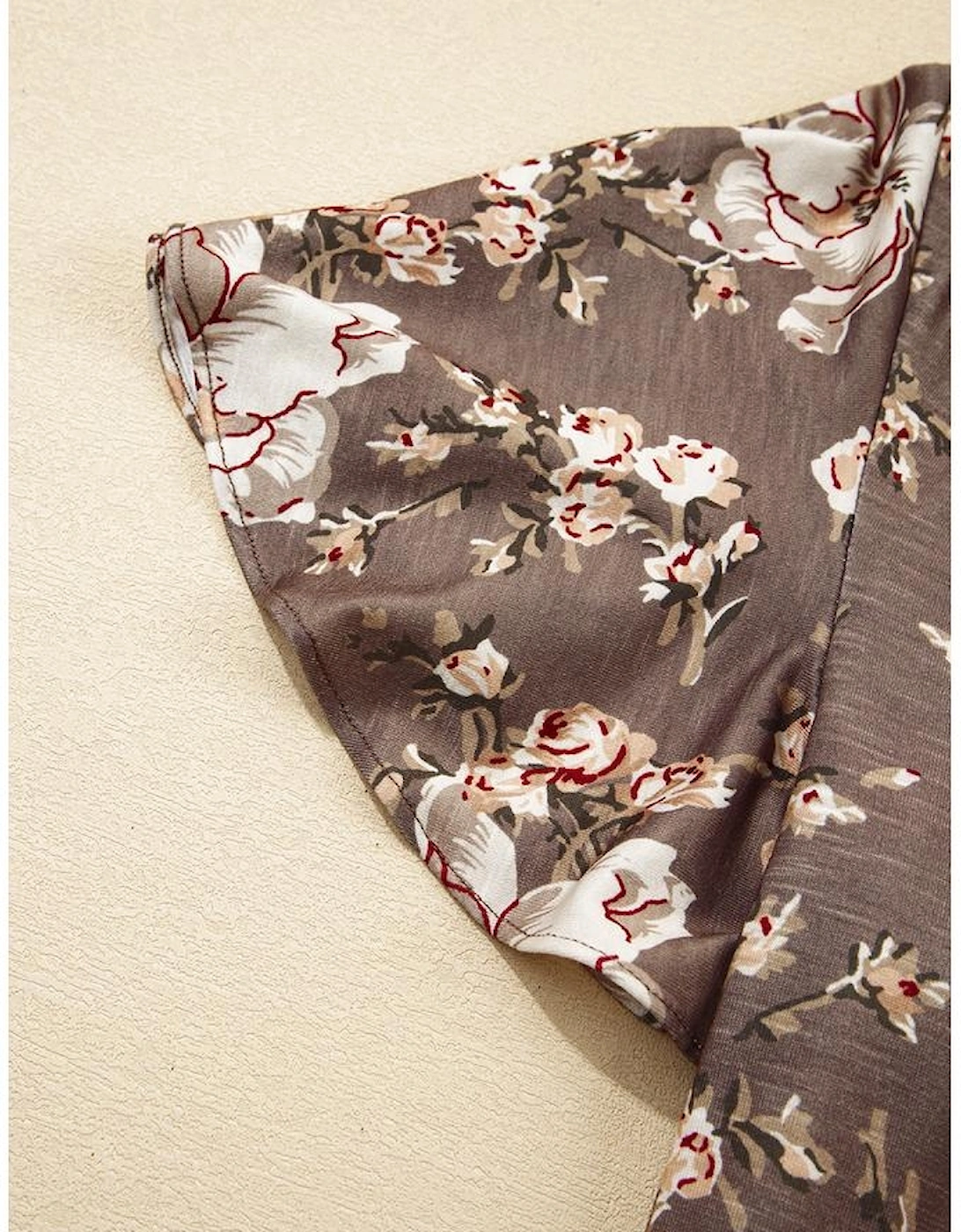 Khaki Retro Floral Print Tassel Tie Split Neck Short Sleeve Blouse