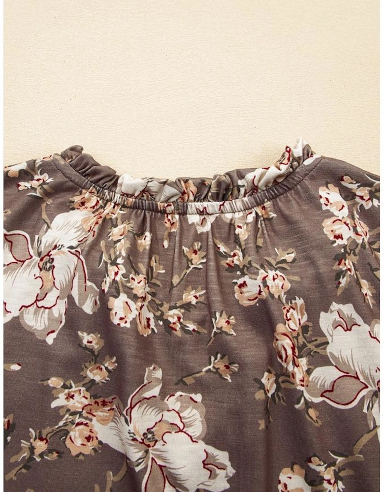 Khaki Retro Floral Print Tassel Tie Split Neck Short Sleeve Blouse
