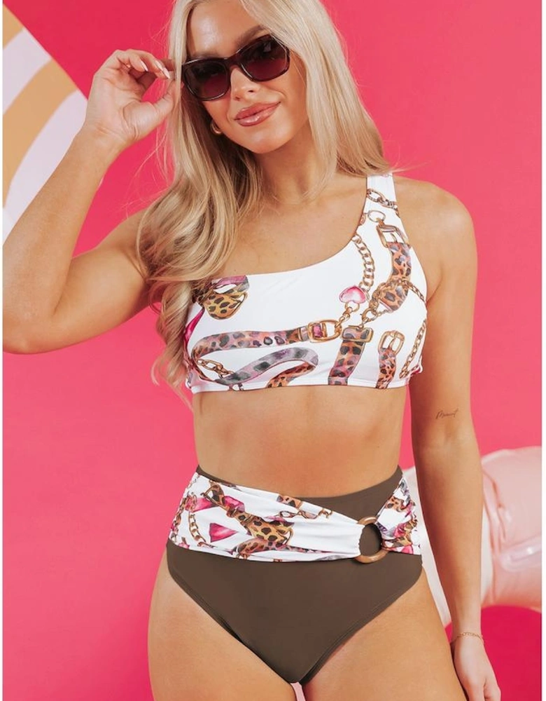 Khaki Abstract Print One Shoulder Ring Linked High Waist Bikini