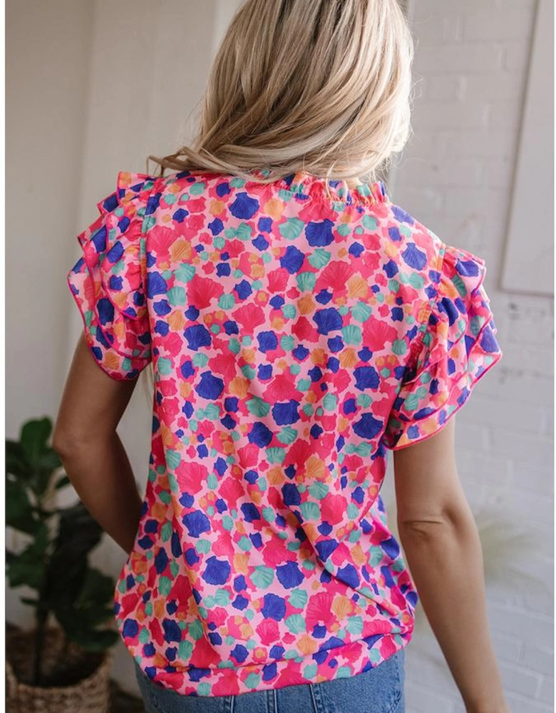 Rose Red Abstract Print Ruffled Sleeve V Neck Blouse