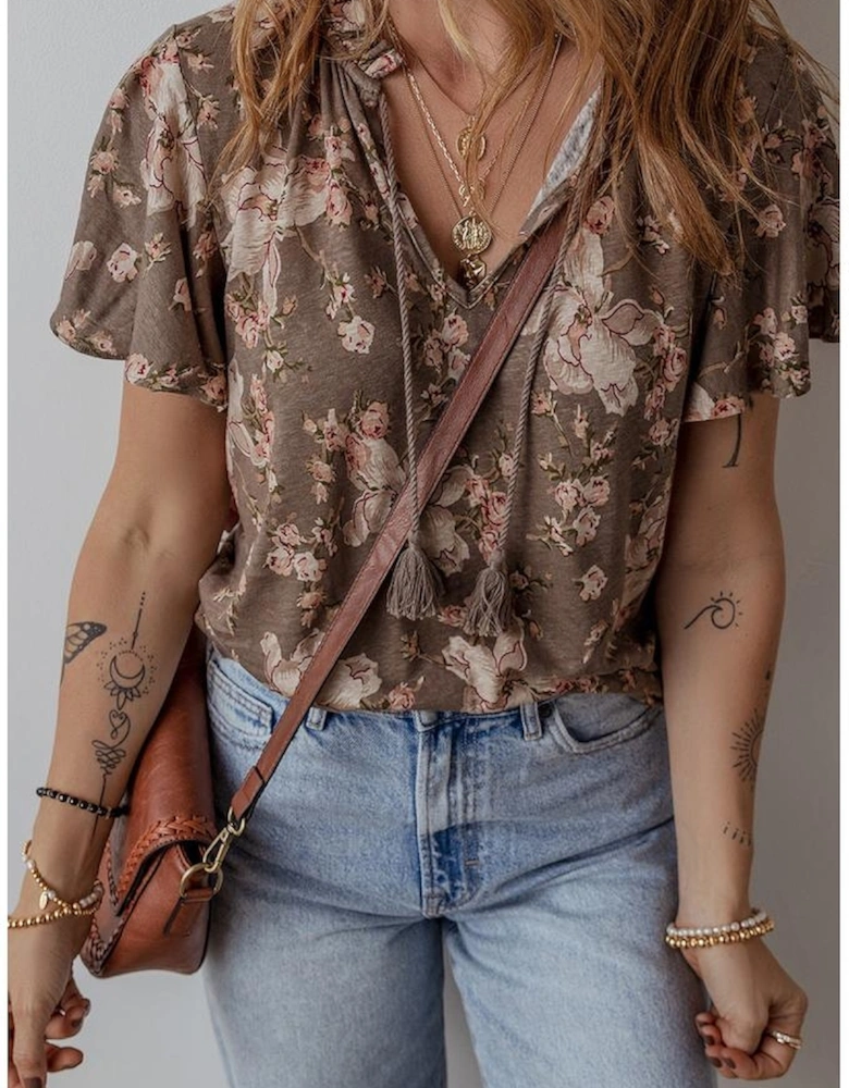 Khaki Retro Floral Print Tassel Tie Split Neck Short Sleeve Blouse