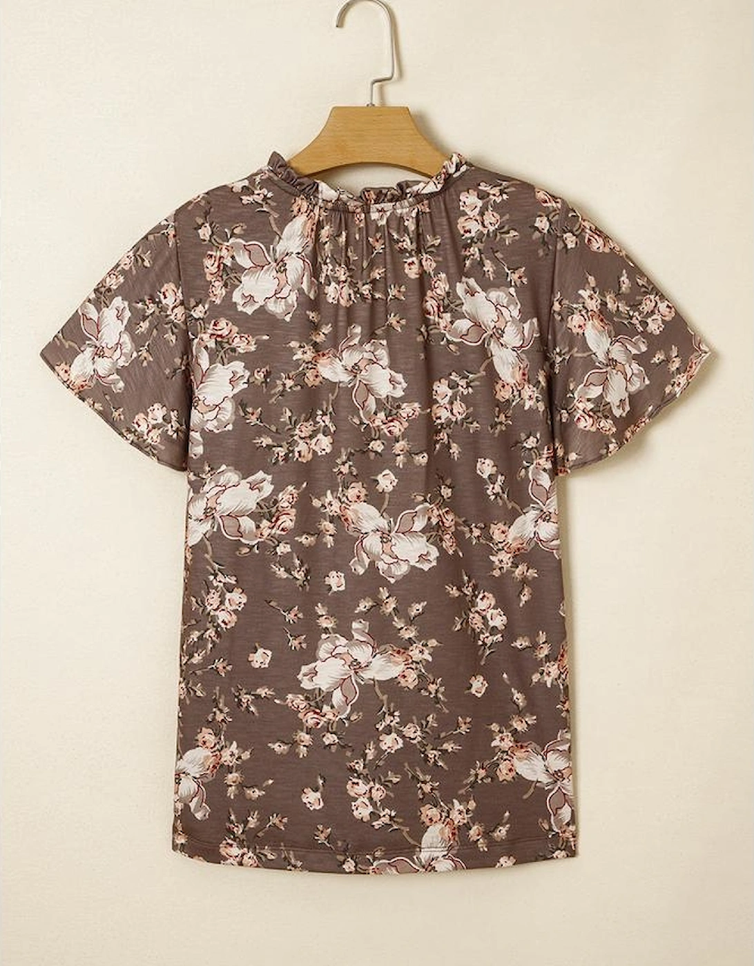 Khaki Retro Floral Print Tassel Tie Split Neck Short Sleeve Blouse