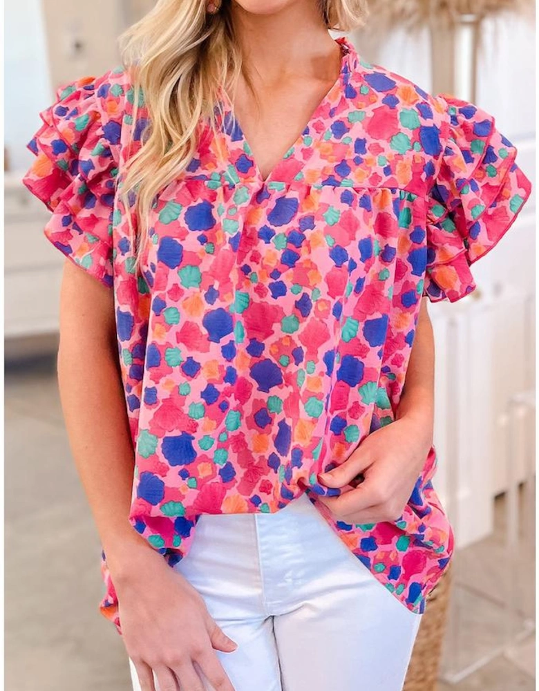 Rose Red Abstract Print Ruffled Sleeve V Neck Blouse