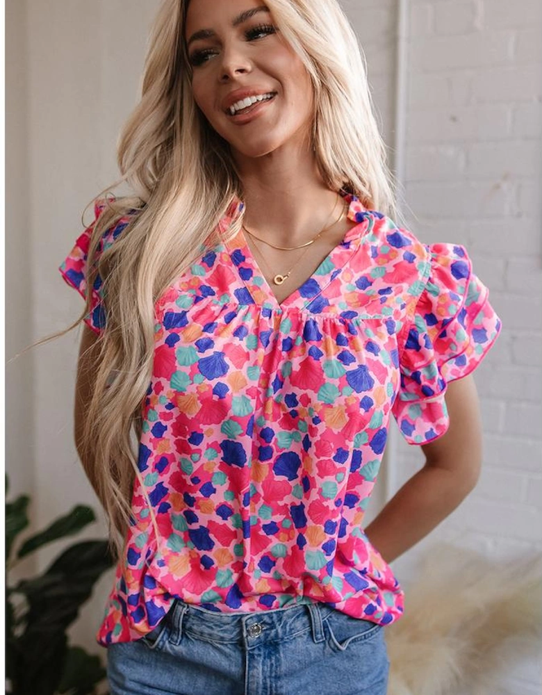 Rose Red Abstract Print Ruffled Sleeve V Neck Blouse