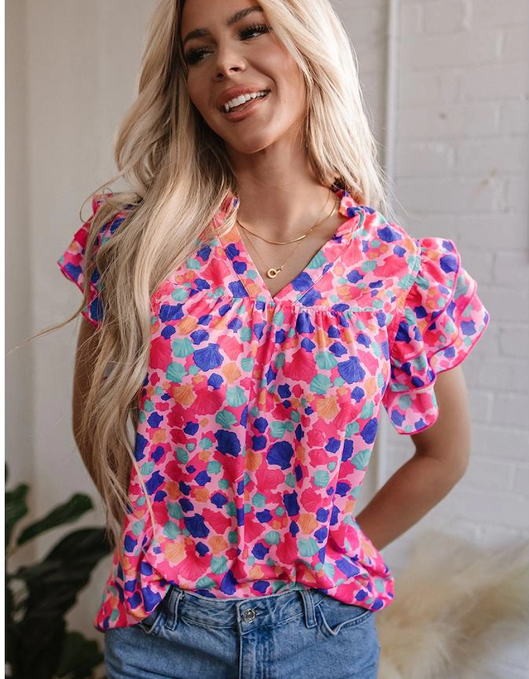 Rose Red Abstract Print Ruffled Sleeve V Neck Blouse