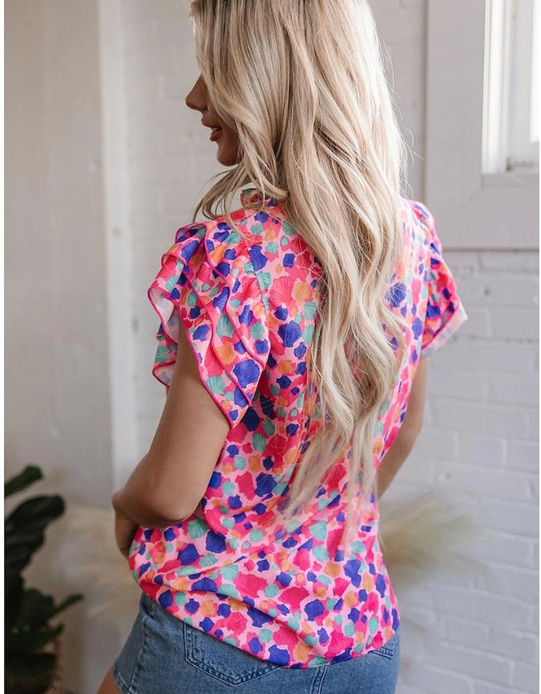 Rose Red Abstract Print Ruffled Sleeve V Neck Blouse