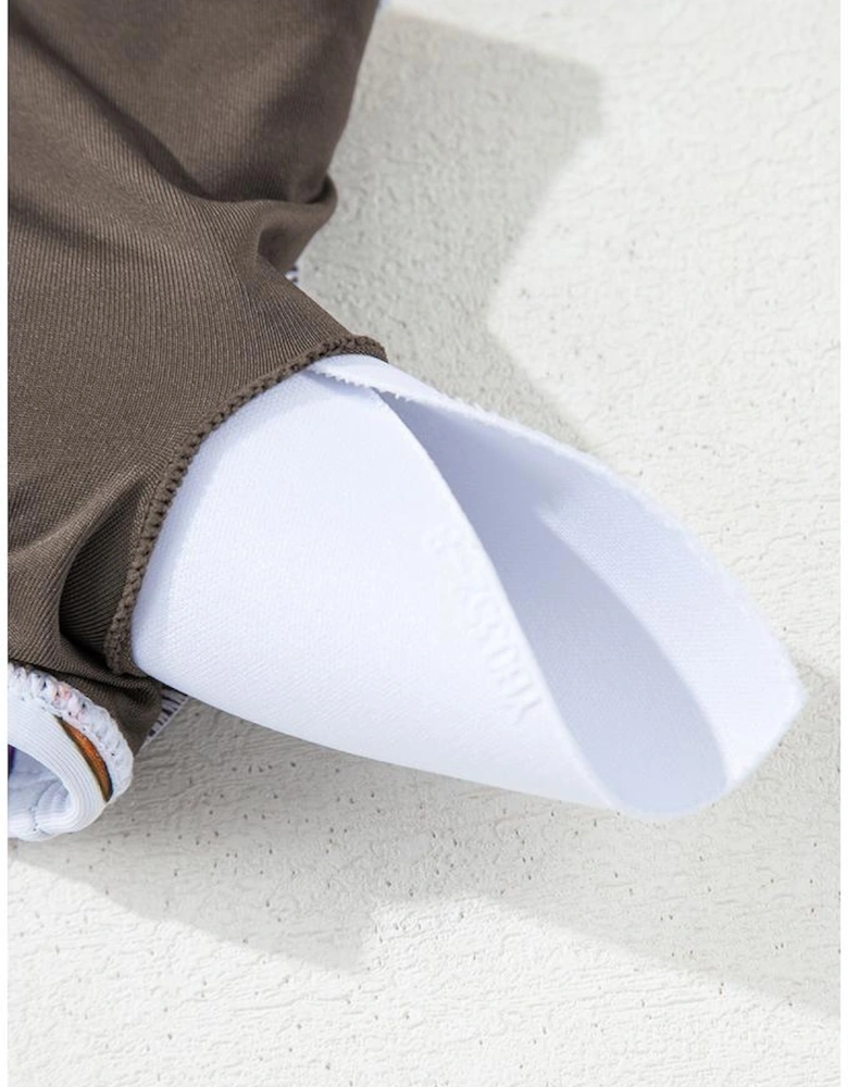 Khaki Abstract Print One Shoulder Ring Linked High Waist Bikini