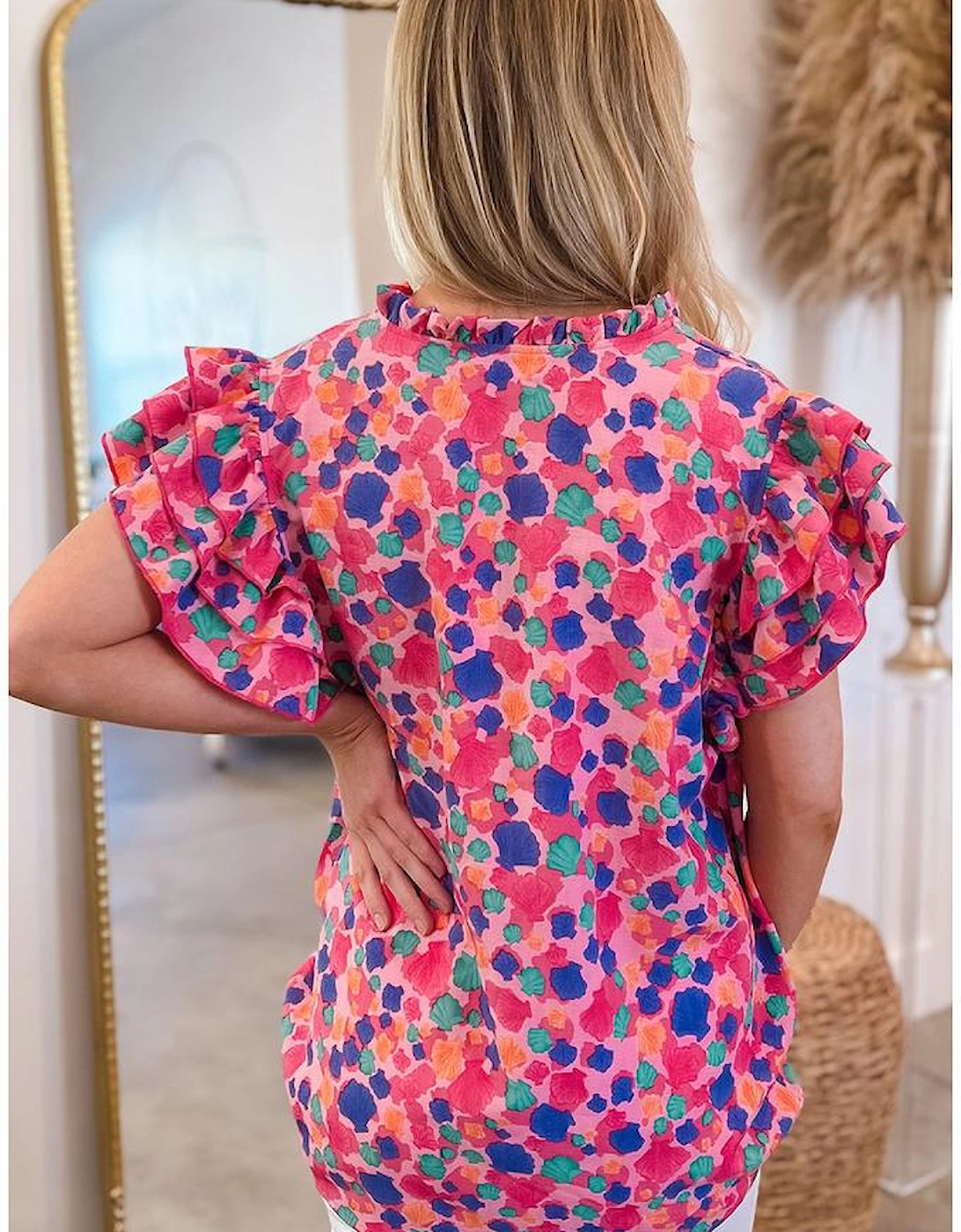 Rose Red Abstract Print Ruffled Sleeve V Neck Blouse