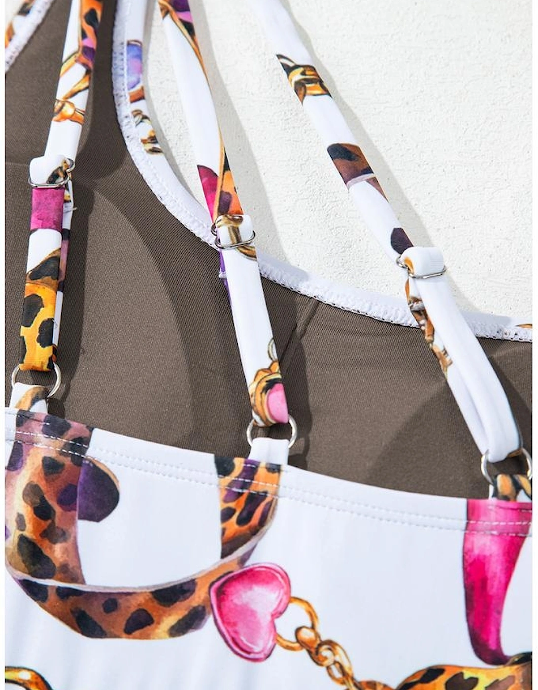 Khaki Abstract Print One Shoulder Ring Linked High Waist Bikini