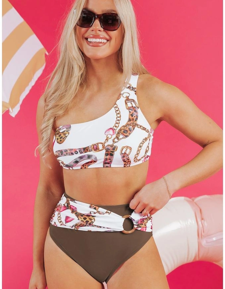 Khaki Abstract Print One Shoulder Ring Linked High Waist Bikini