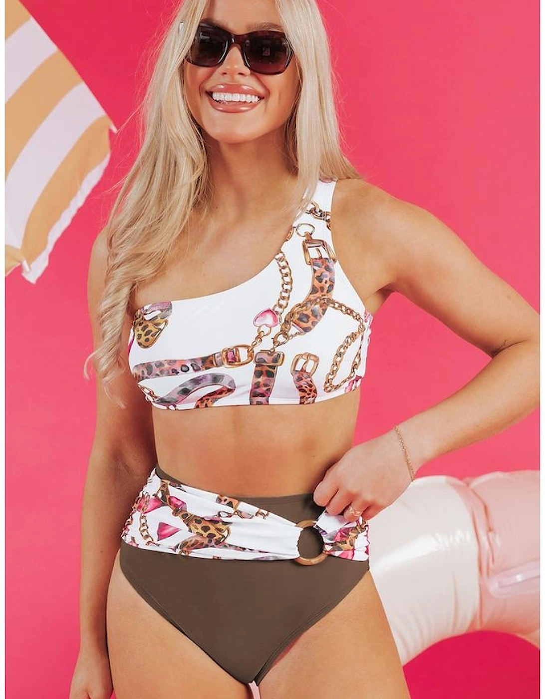 Khaki Abstract Print One Shoulder Ring Linked High Waist Bikini