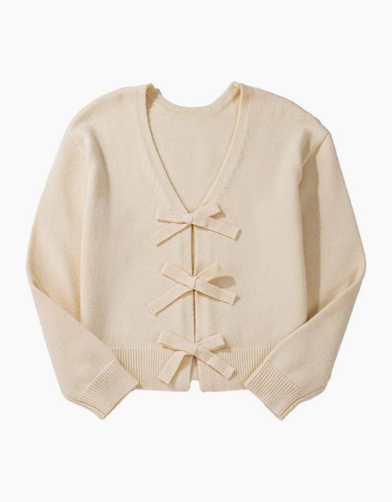Jet Stream Bowknot Front Loose V Neck Knitted Cardigan