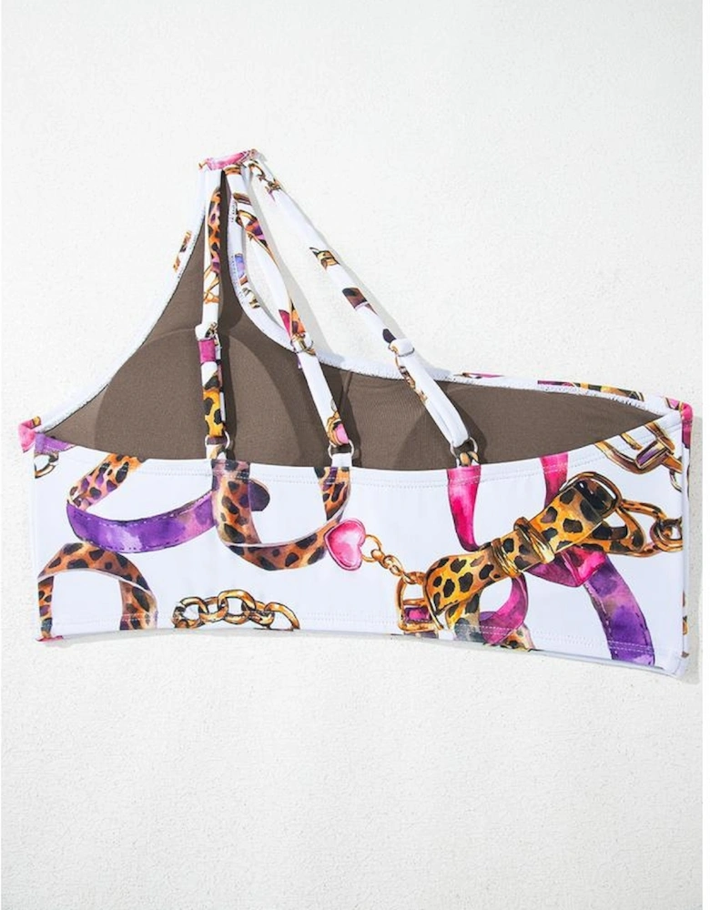 Khaki Abstract Print One Shoulder Ring Linked High Waist Bikini