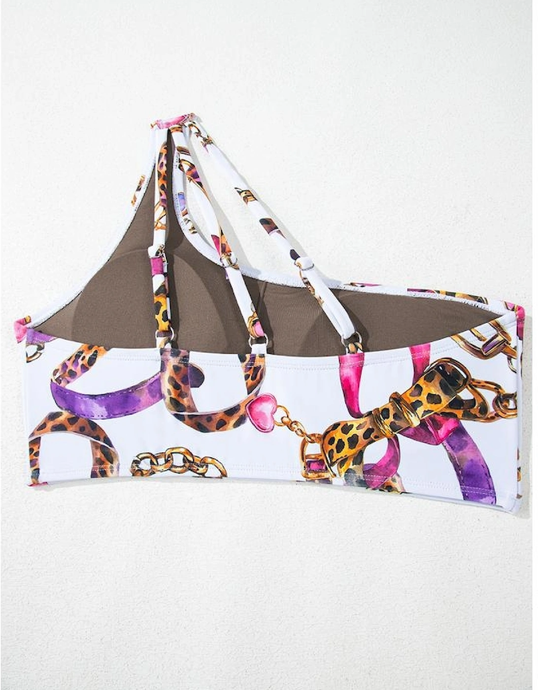 Khaki Abstract Print One Shoulder Ring Linked High Waist Bikini