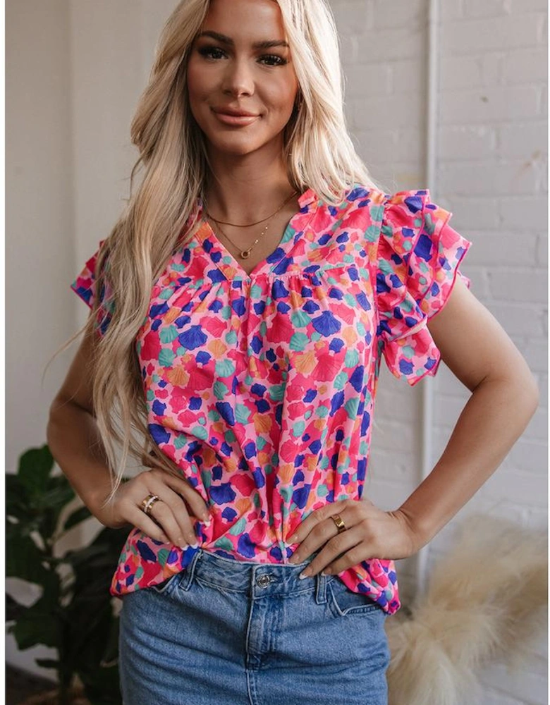 Rose Red Abstract Print Ruffled Sleeve V Neck Blouse
