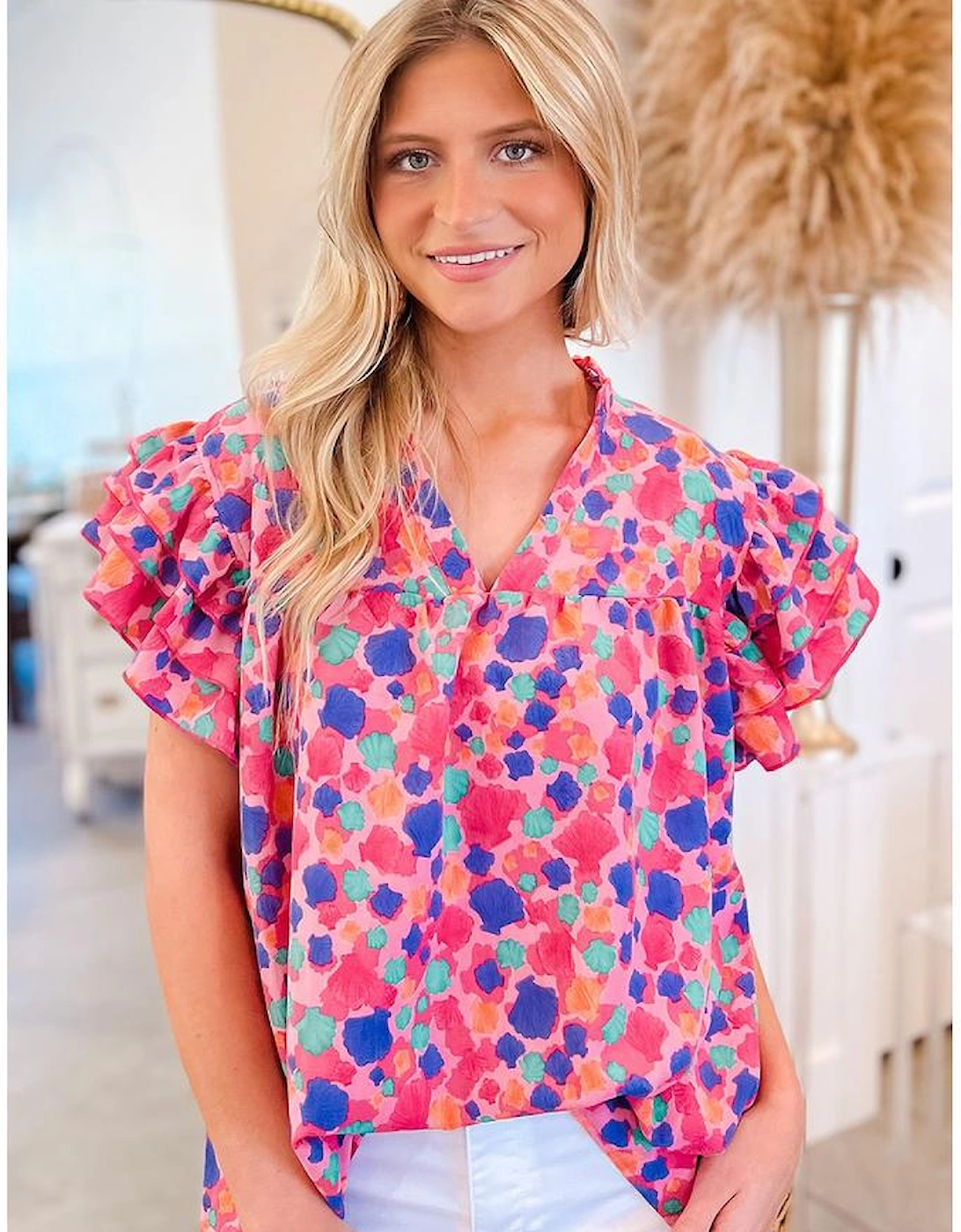 Rose Red Abstract Print Ruffled Sleeve V Neck Blouse