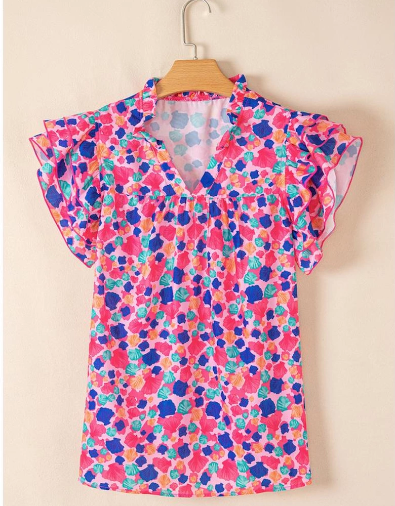 Rose Red Abstract Print Ruffled Sleeve V Neck Blouse