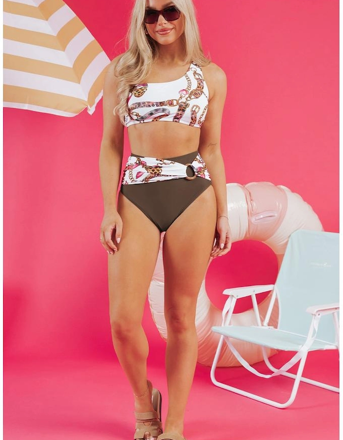 Khaki Abstract Print One Shoulder Ring Linked High Waist Bikini