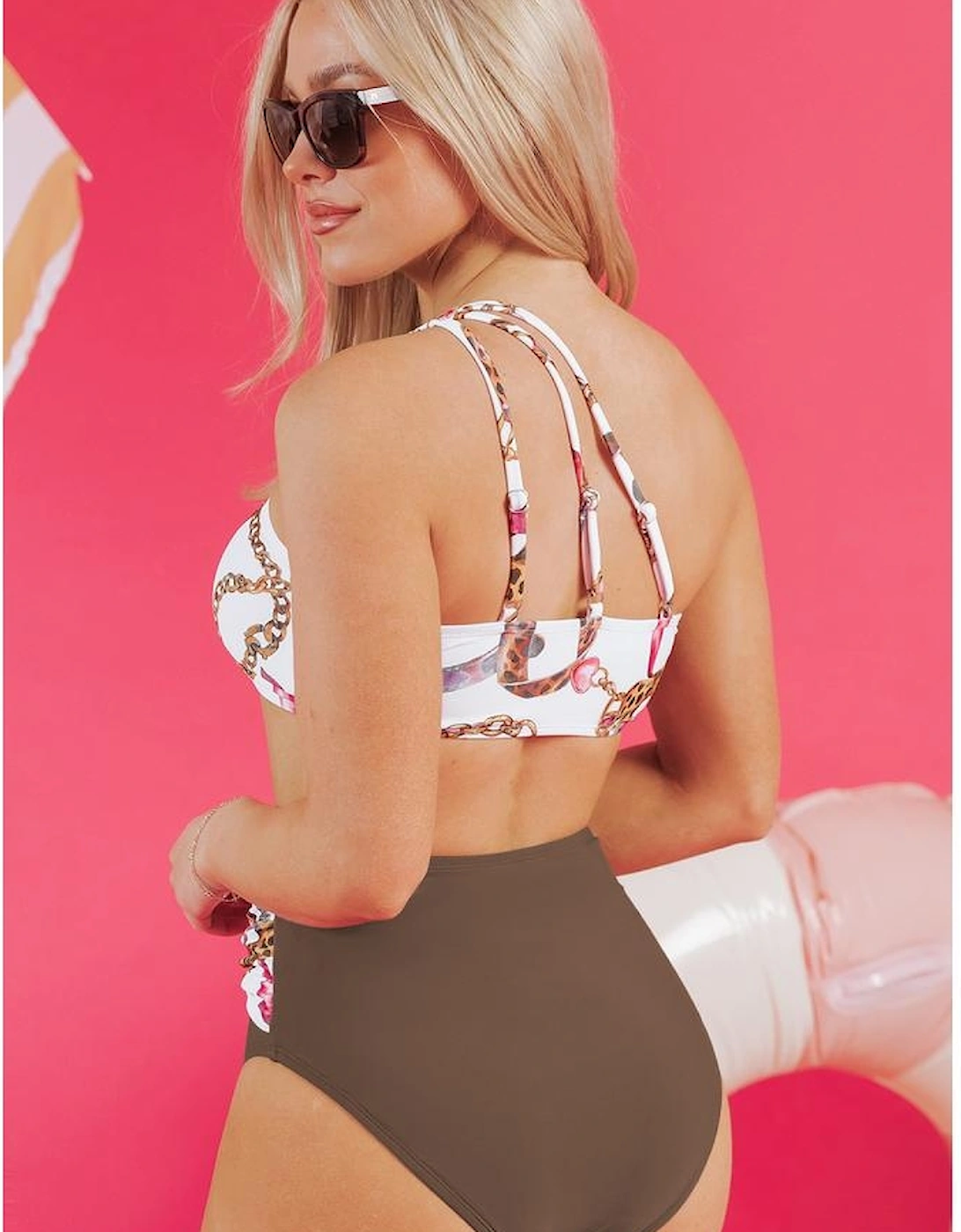 Khaki Abstract Print One Shoulder Ring Linked High Waist Bikini