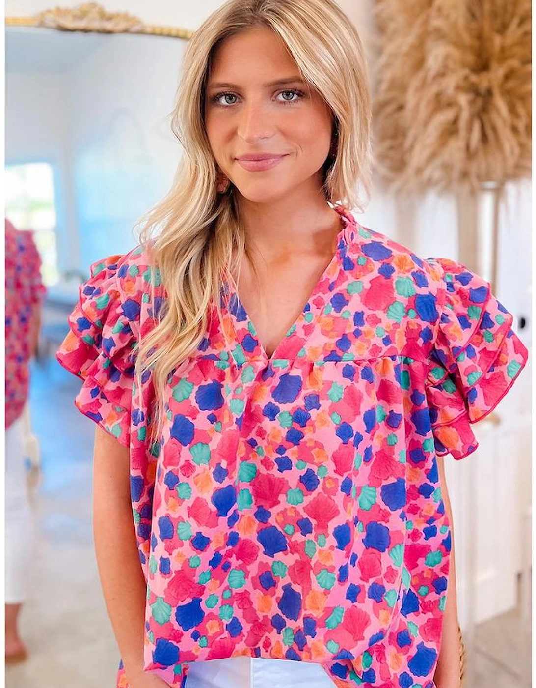 Rose Red Abstract Print Ruffled Sleeve V Neck Blouse