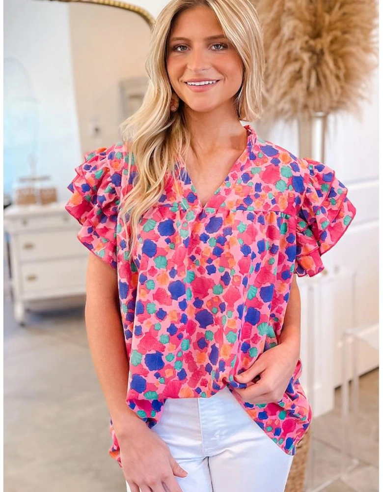 Rose Red Abstract Print Ruffled Sleeve V Neck Blouse