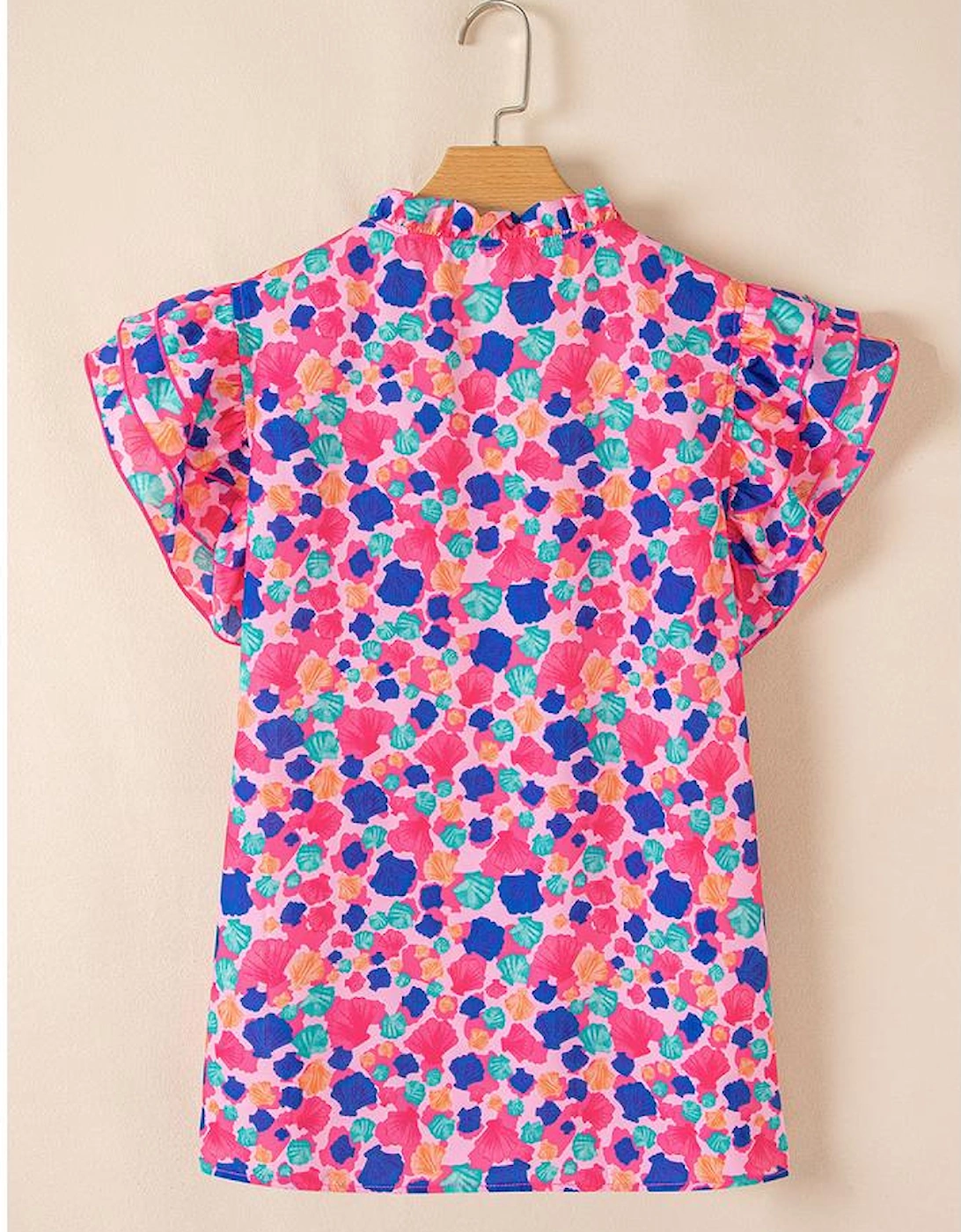 Rose Red Abstract Print Ruffled Sleeve V Neck Blouse