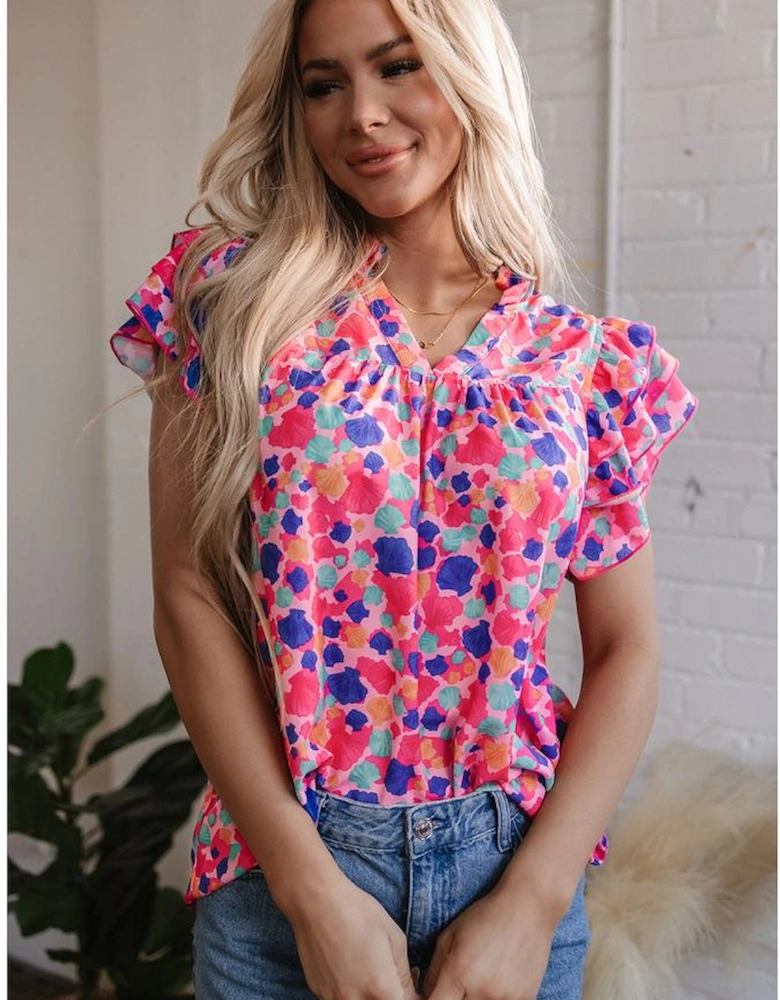 Rose Red Abstract Print Ruffled Sleeve V Neck Blouse