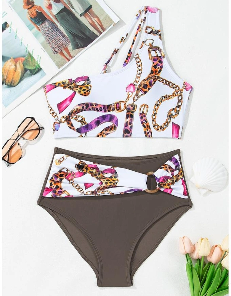 Khaki Abstract Print One Shoulder Ring Linked High Waist Bikini