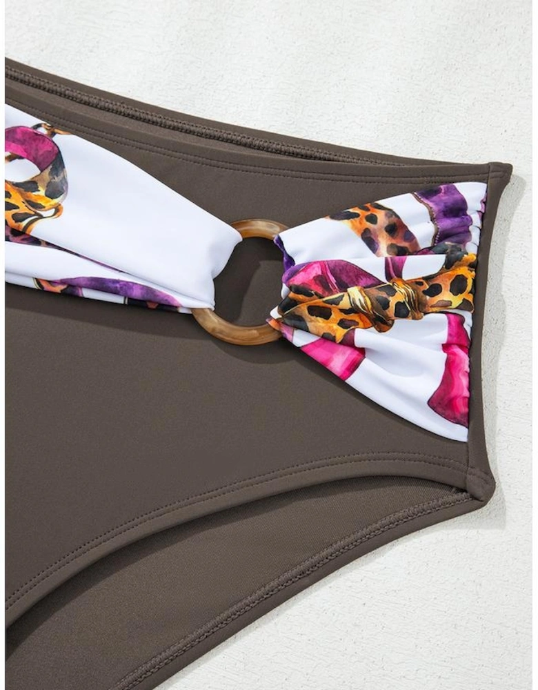 Khaki Abstract Print One Shoulder Ring Linked High Waist Bikini