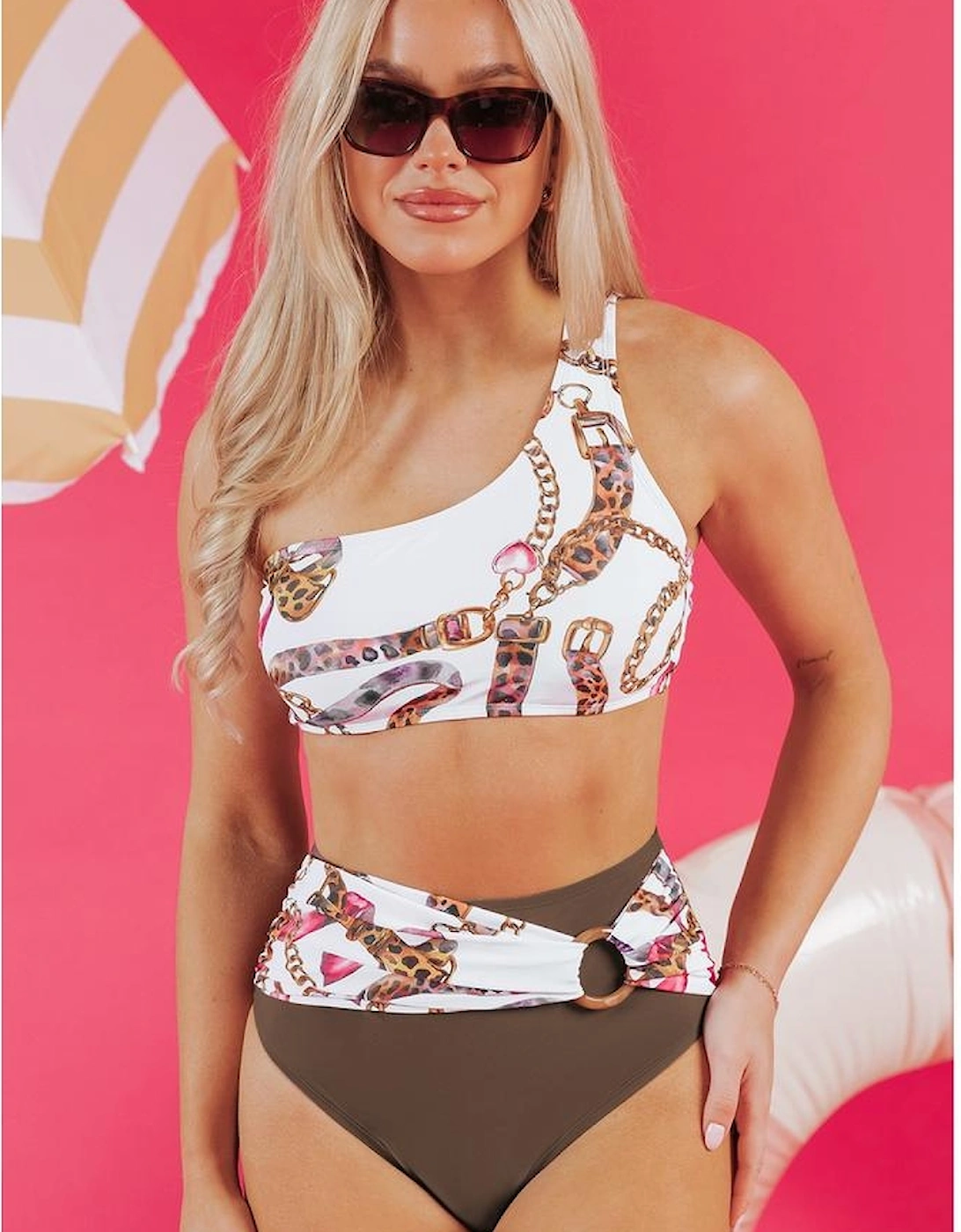 Khaki Abstract Print One Shoulder Ring Linked High Waist Bikini