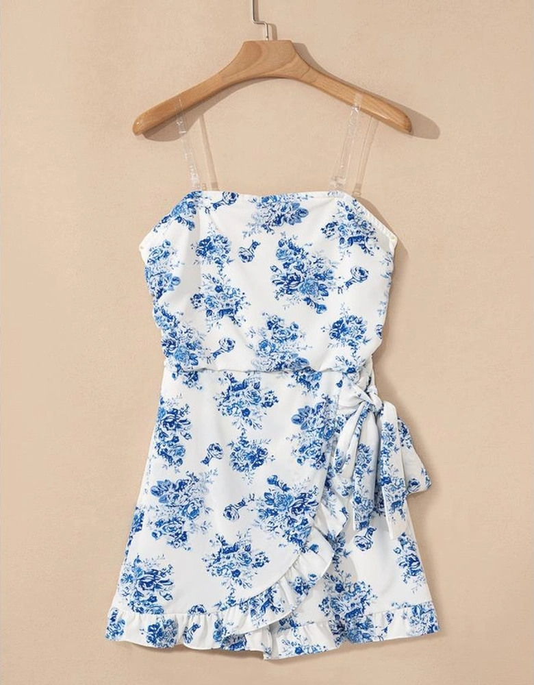 Sky Blue Floral Print Strapless Zipped Back Knot Waist Ruffled Romper