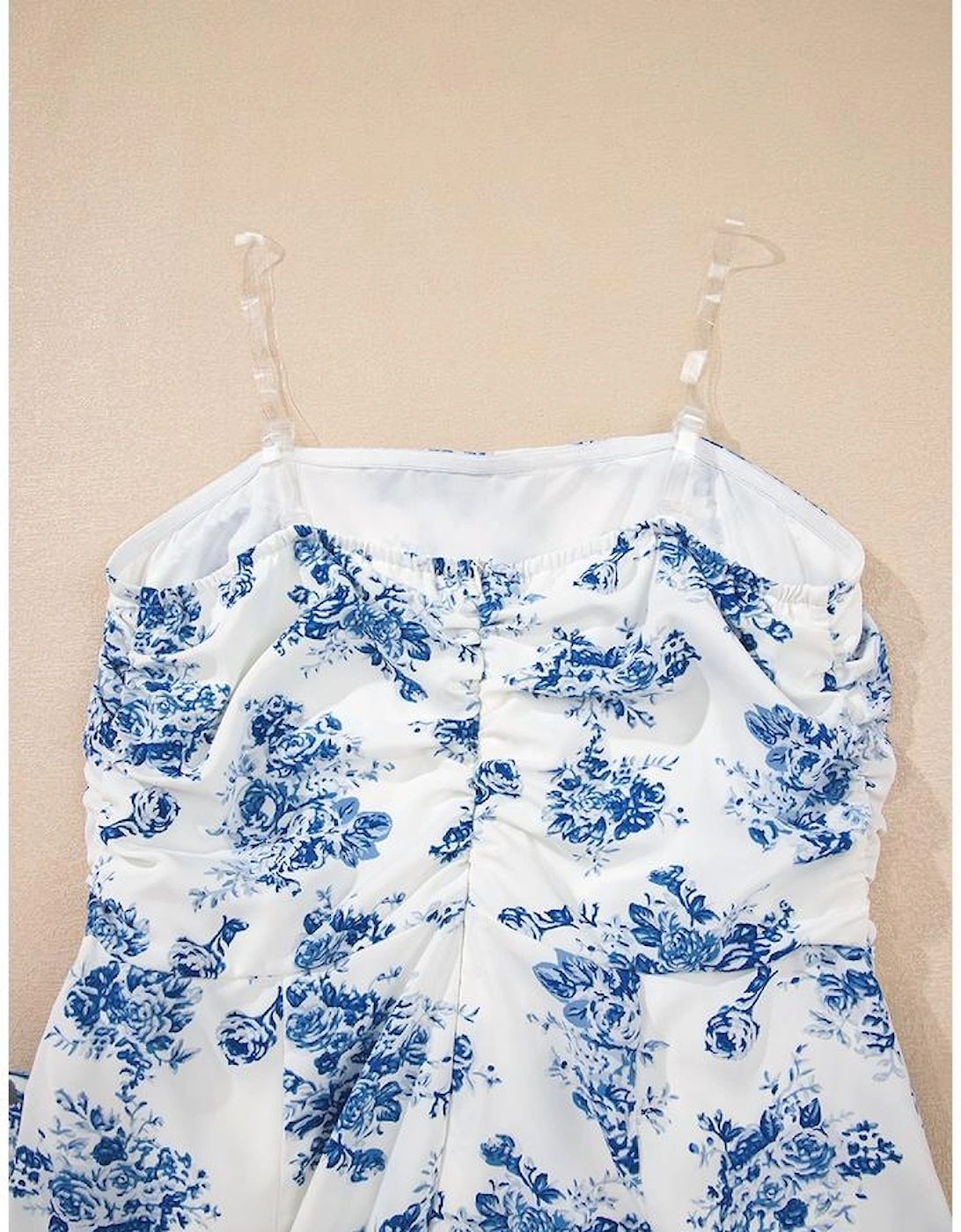 Sky Blue Floral Print Strapless Zipped Back Knot Waist Ruffled Romper