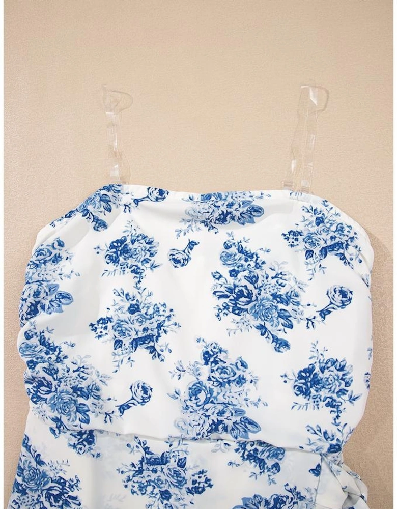 Sky Blue Floral Print Strapless Zipped Back Knot Waist Ruffled Romper