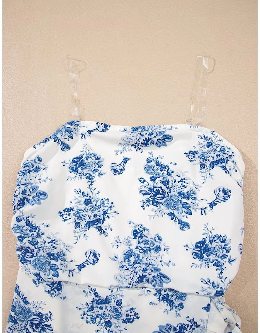 Sky Blue Floral Print Strapless Zipped Back Knot Waist Ruffled Romper