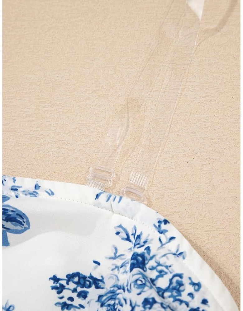 Sky Blue Floral Print Strapless Zipped Back Knot Waist Ruffled Romper