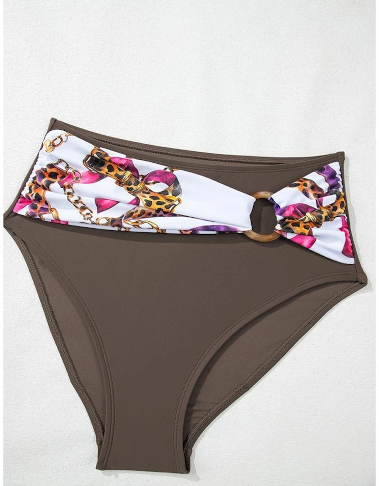Khaki Abstract Print One Shoulder Ring Linked High Waist Bikini