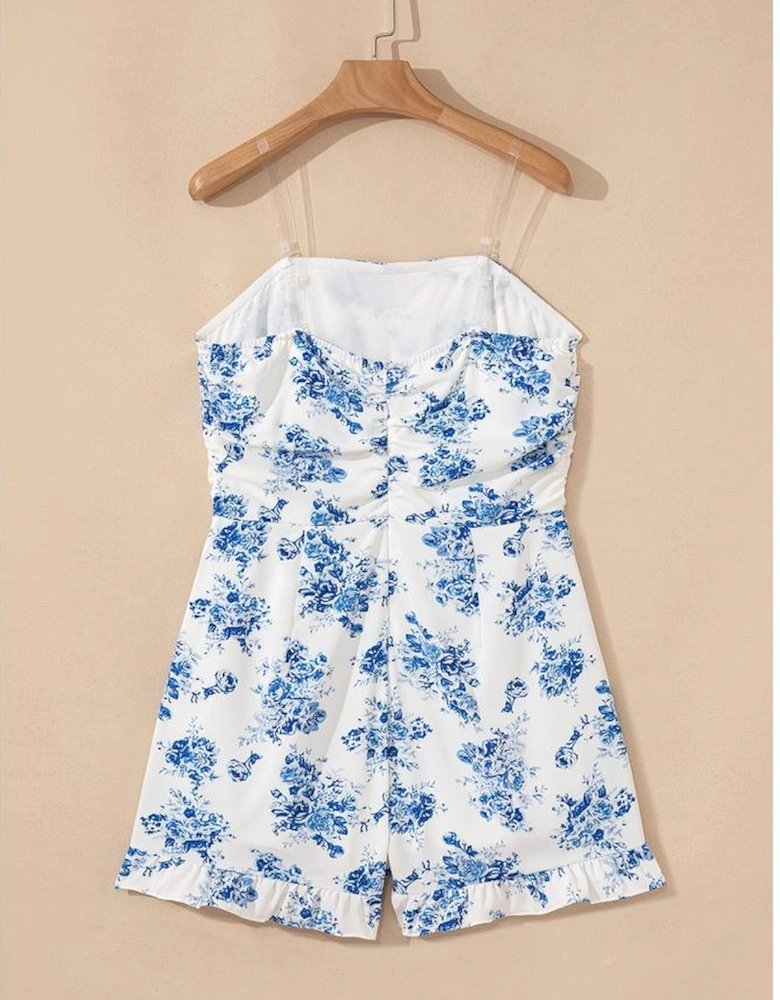Sky Blue Floral Print Strapless Zipped Back Knot Waist Ruffled Romper