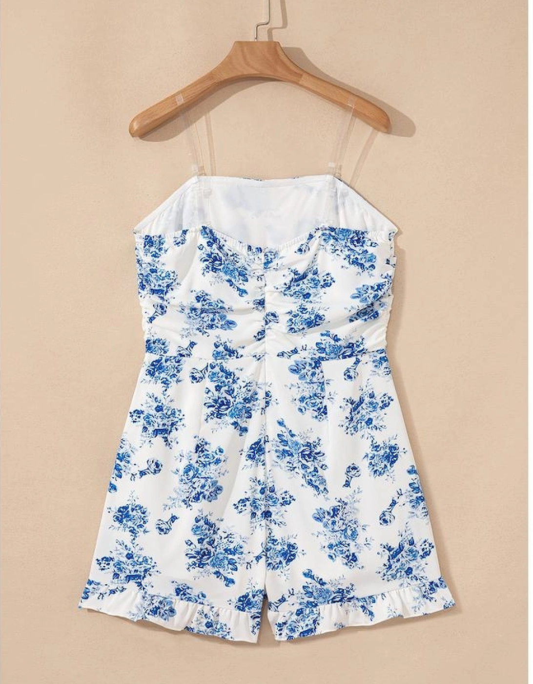 Sky Blue Floral Print Strapless Zipped Back Knot Waist Ruffled Romper