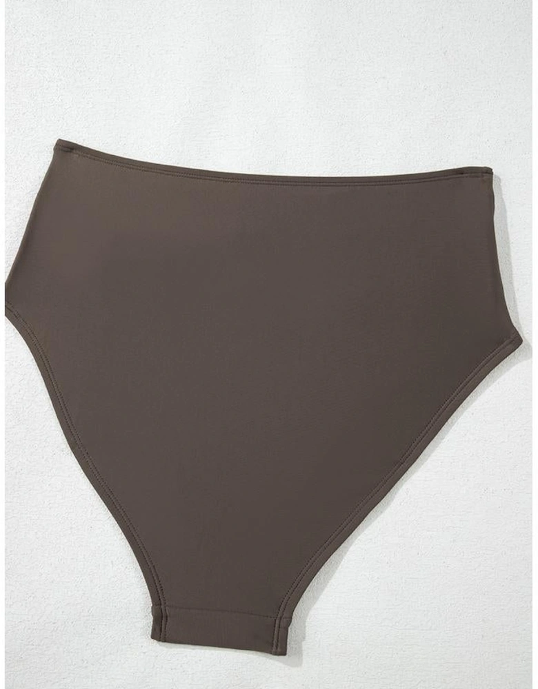 Khaki Abstract Print One Shoulder Ring Linked High Waist Bikini