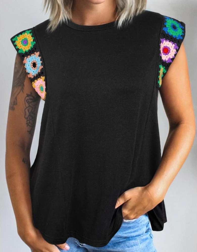 Black Floral Crochet Patched Sleeve Crew Neck Casual Tank Top