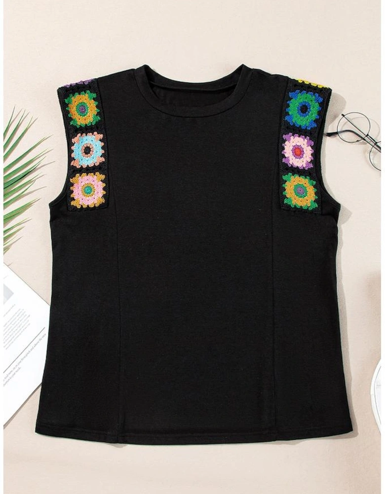 Black Floral Crochet Patched Sleeve Crew Neck Casual Tank Top