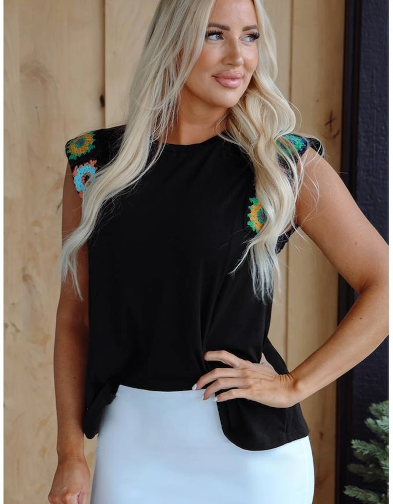 Black Floral Crochet Patched Sleeve Crew Neck Casual Tank Top