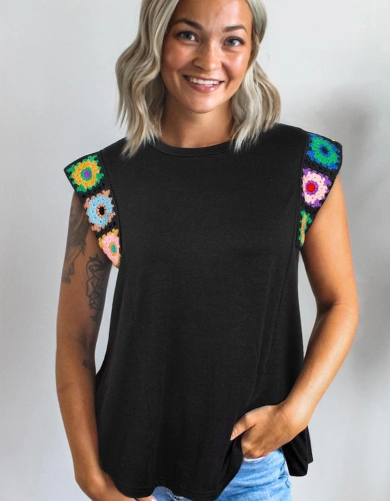 Black Floral Crochet Patched Sleeve Crew Neck Casual Tank Top