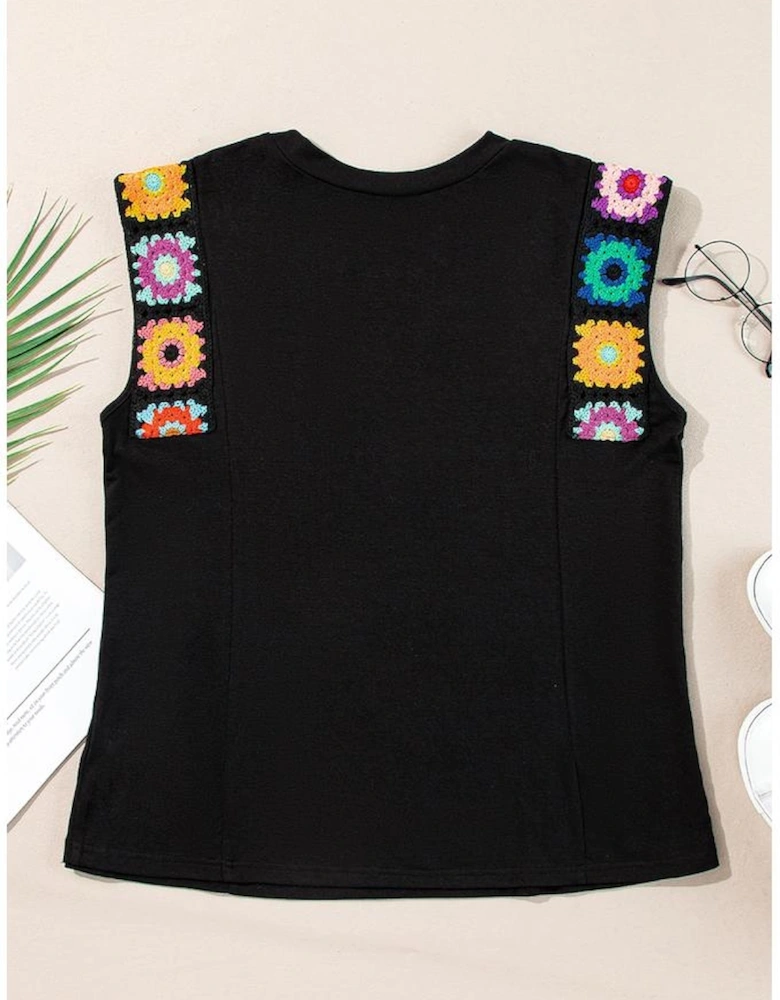 Black Floral Crochet Patched Sleeve Crew Neck Casual Tank Top