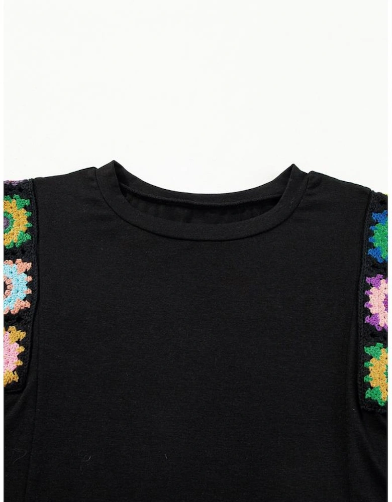 Black Floral Crochet Patched Sleeve Crew Neck Casual Tank Top